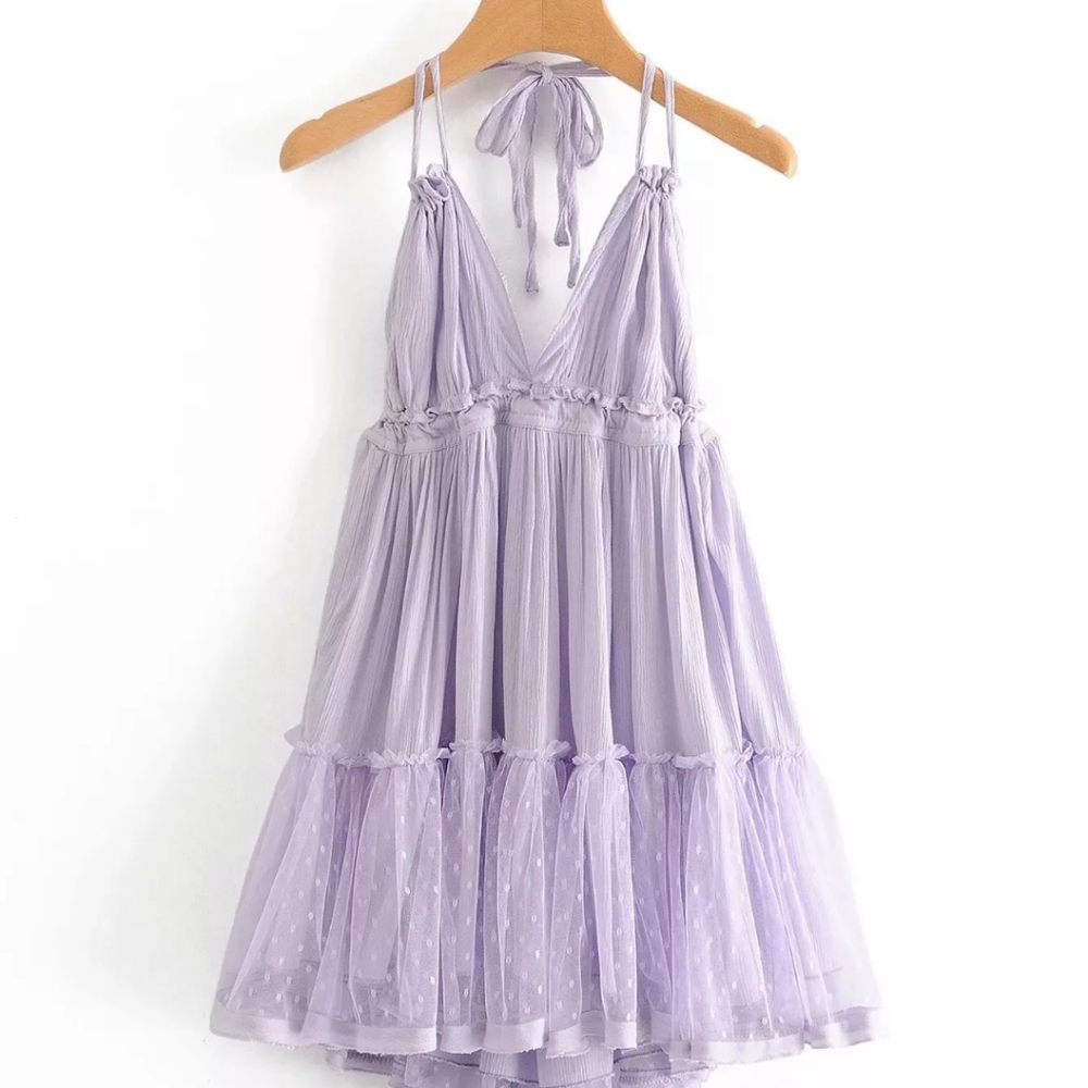 Lilac Layered Mesh Skirt Backless Halter Boho Beach Mini Dress - Picture 8 of 16